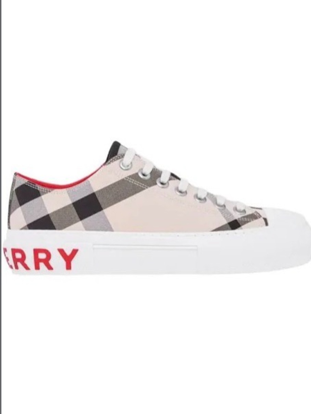 Burberry Beige Plaid Low-Top Sneakers with Red Logo